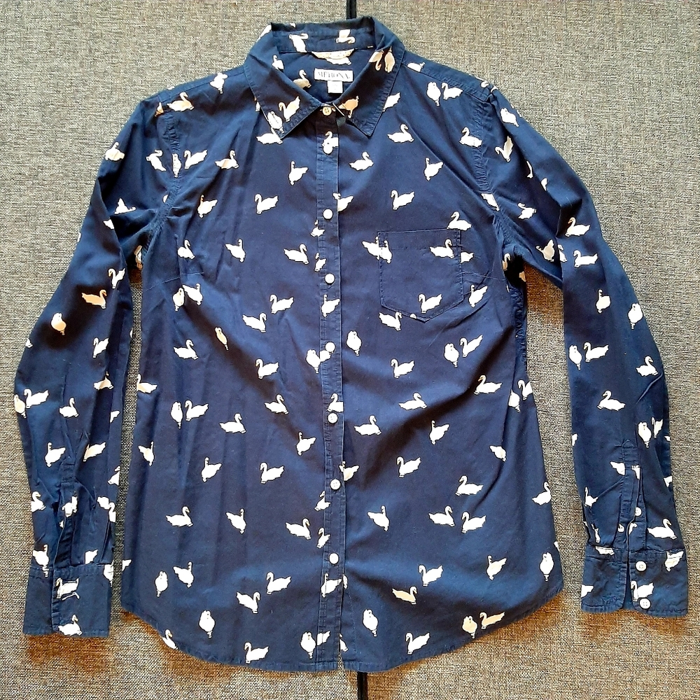 Navy and White Button Down Shirt with Bird Pattern